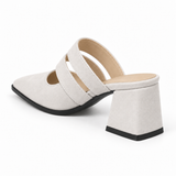 Double Strap Mules White – ميول حريمي بكعب شمواه صناعي أبيض، من ورا – ECADRA