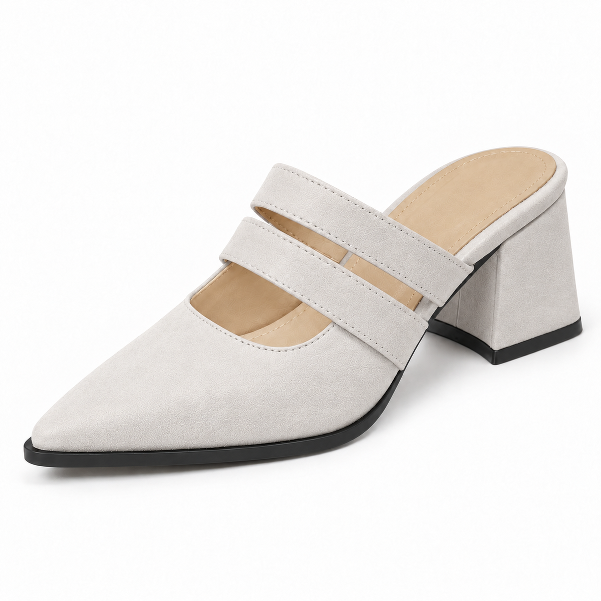 Double Strap Mules White – ميول حريمي بكعب شمواه صناعي أبيض، من قدام – ECADRA