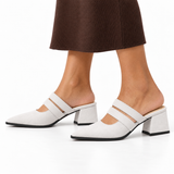 Double Strap Mules White – ميول حريمي بكعب شمواه صناعي أبيض، على الرجل – ECADRA
