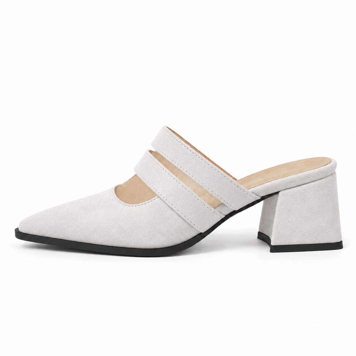 Double Strap Mules White – ميول حريمي بكعب شمواه صناعي أبيض، من الجنب – ECADRA