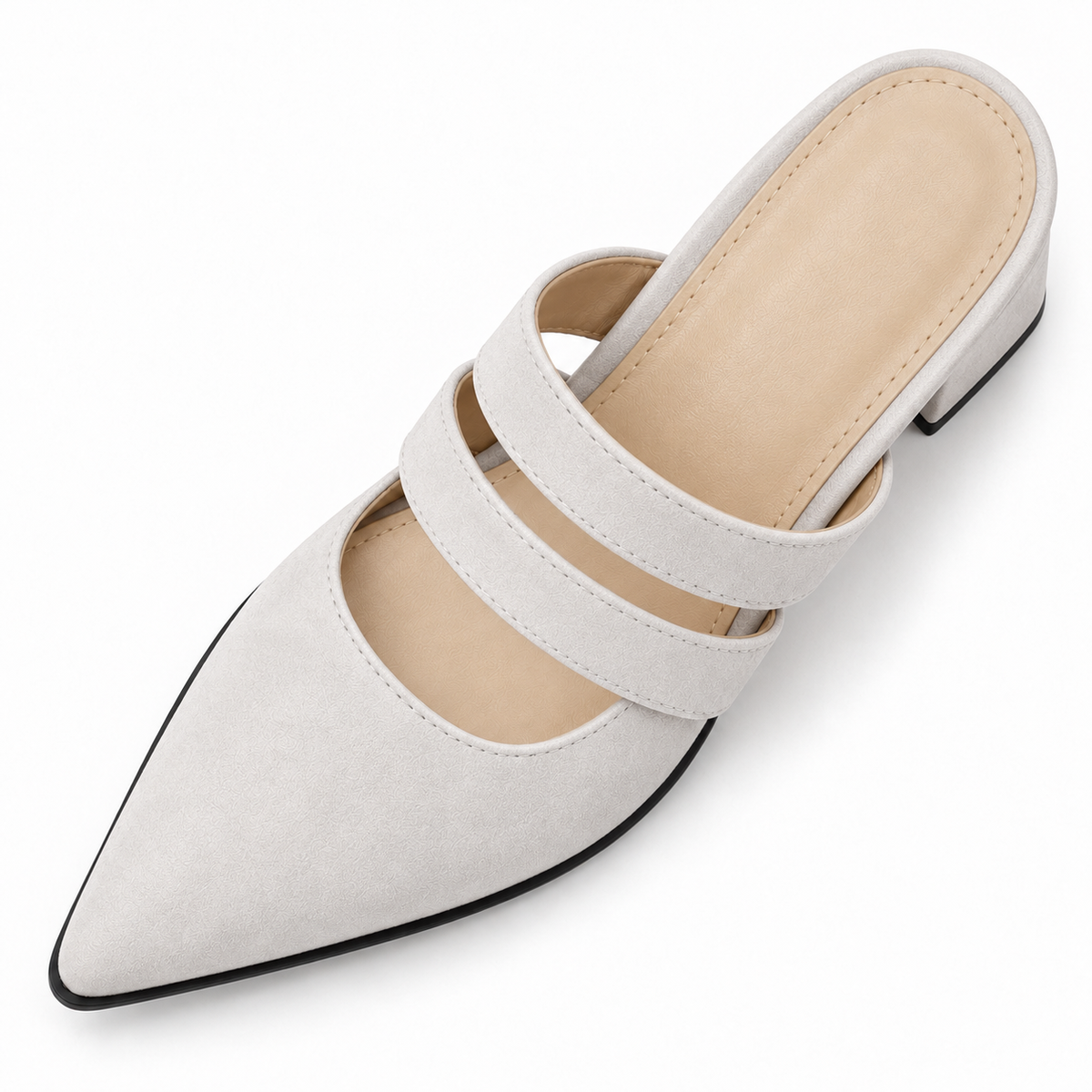Double Strap Mules White – ميول حريمي بكعب شمواه صناعي أبيض، من فوق – ECADRA