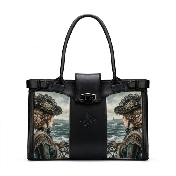 Black Double Handle Victorian Seaside Elegance Lady and Sea - 1