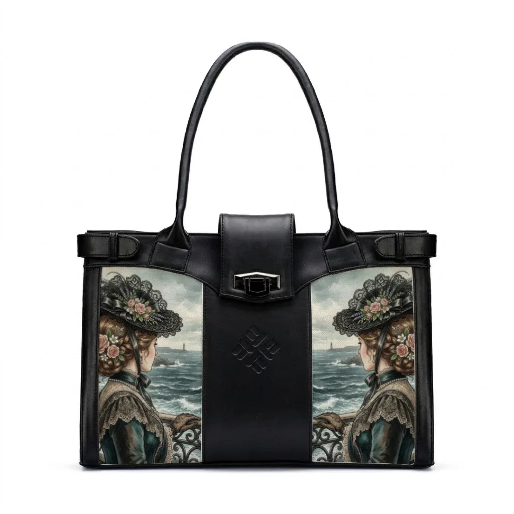 Black Double Handle Victorian Seaside Elegance Lady and Sea