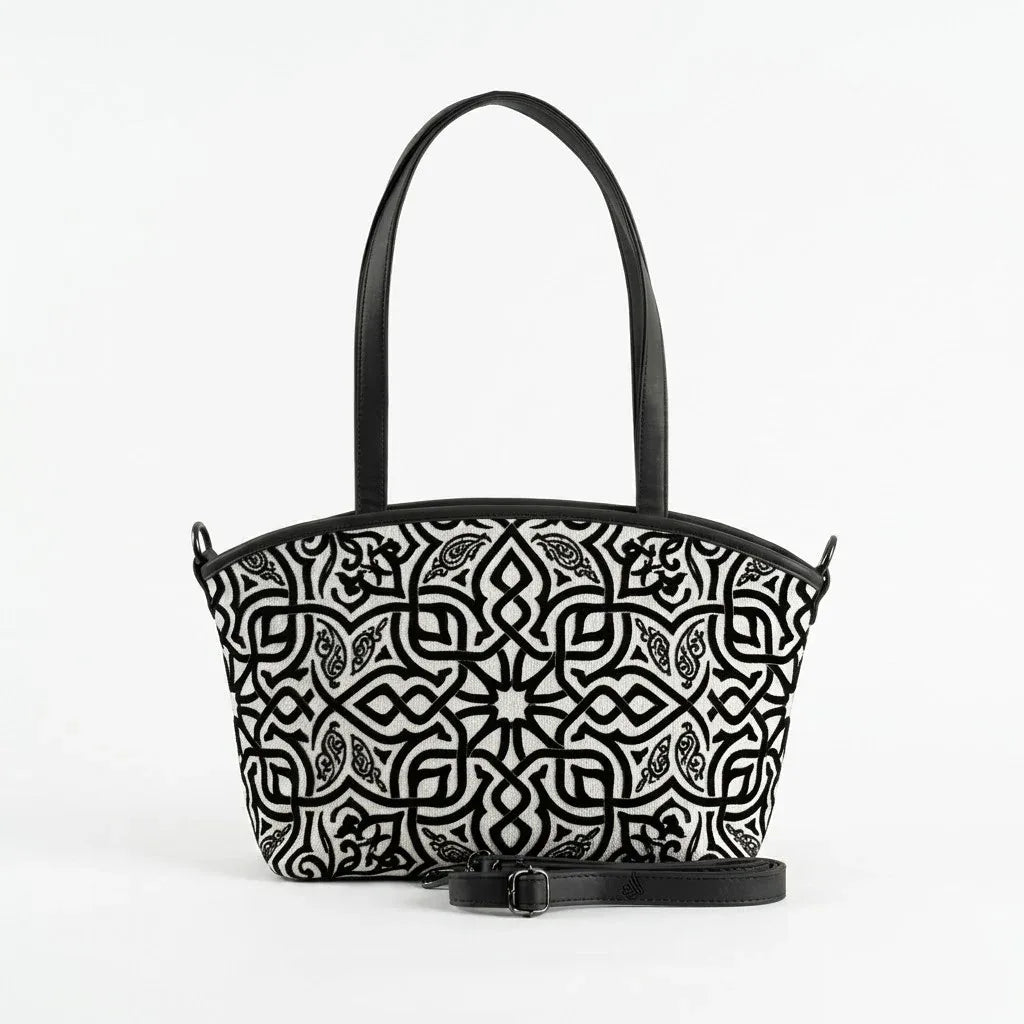 Black Wide Tote Black and White Geometric Pattern Minimalist - 1