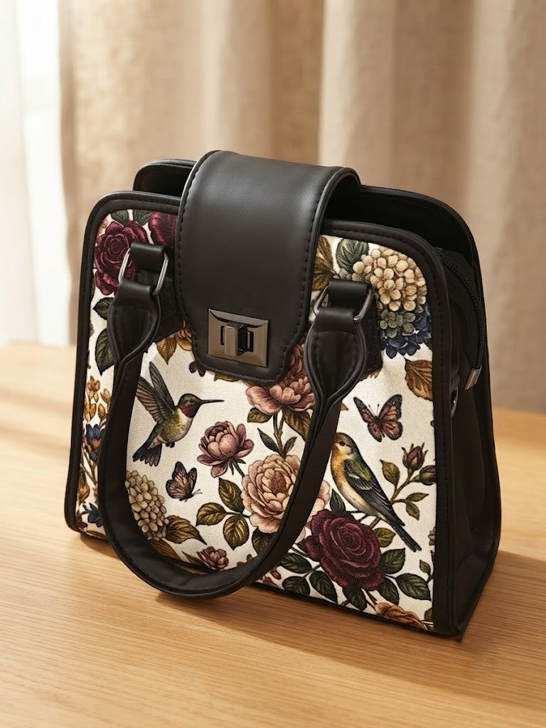 Black Metropolitan Charm Bag Vintage Floral Birds Printed