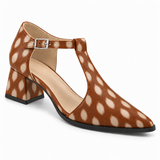 Fawn Print T-Strap Heels – Large Spots print – three quarter view – ECADRA