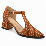 Fawn Print T-Strap Heels – Small Spots print – three quarter view – ECADRA