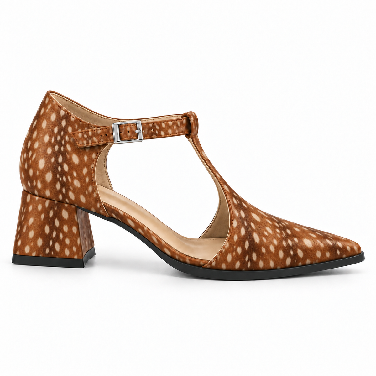 Fawn Print T-Strap Heels – Small Spots print – ECADRA