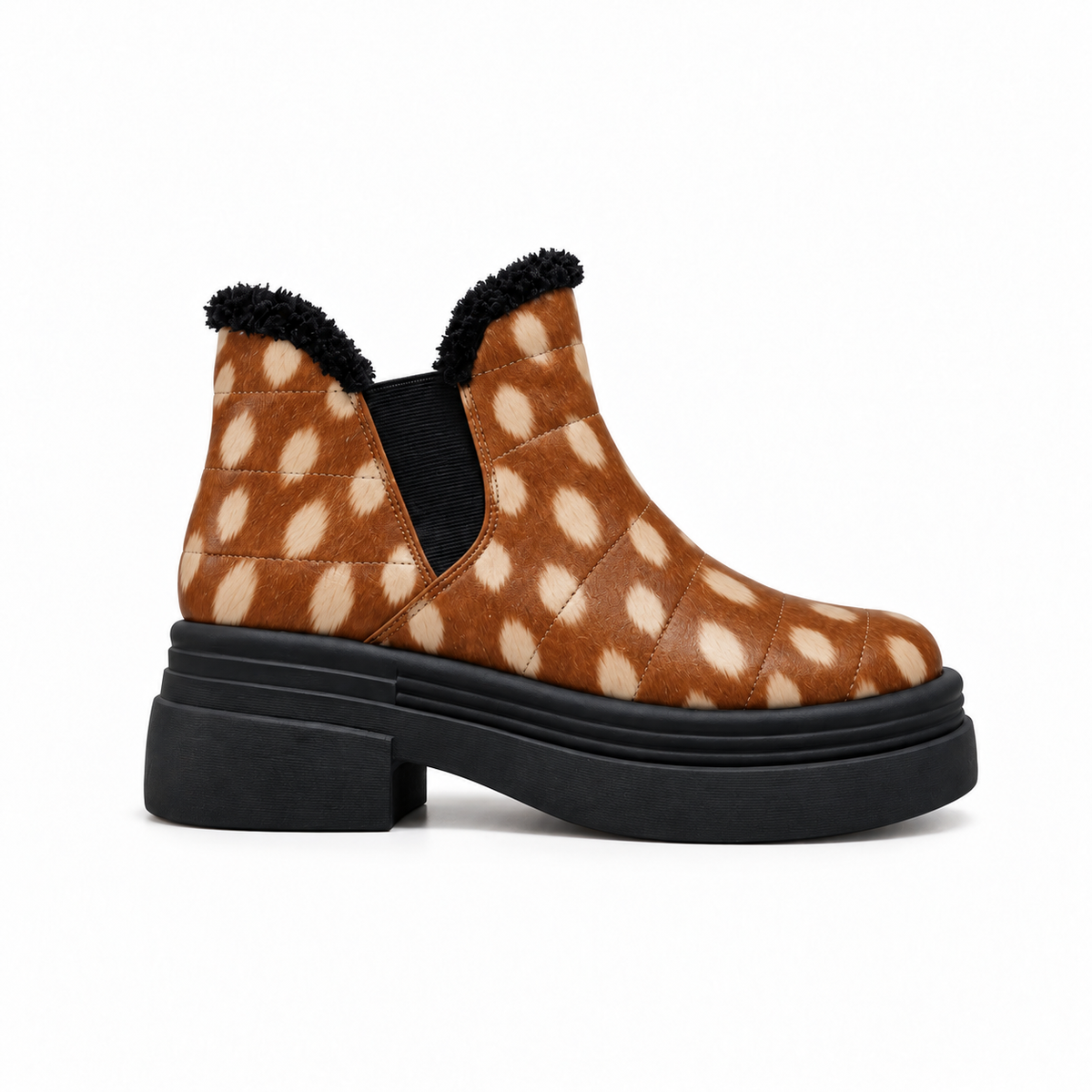 Fawn Print Teddy Puffer Boots – Large Spots print – side view – ECADRA