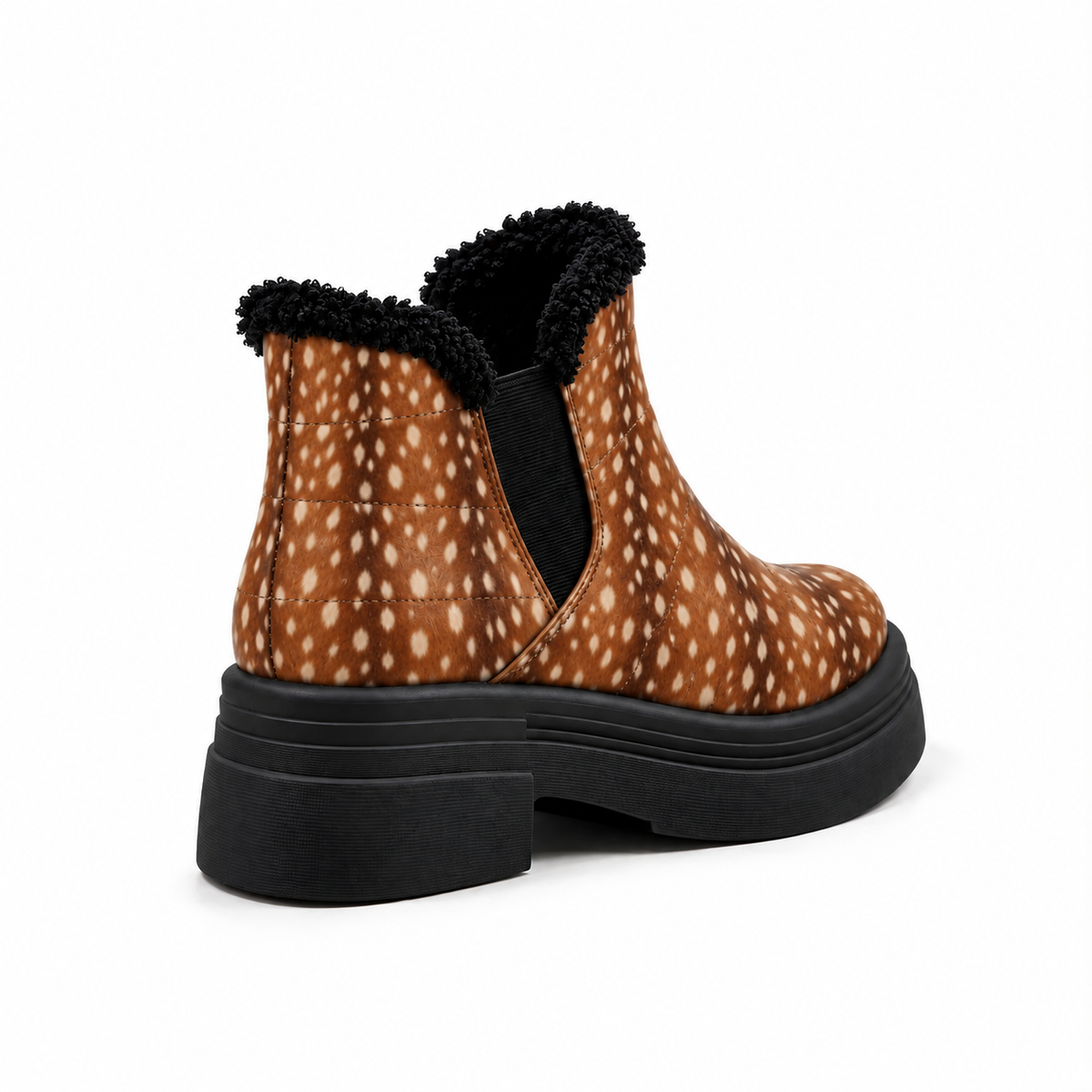 Fawn Print Teddy Puffer Boots – Small Spots print – back view – ECADRA