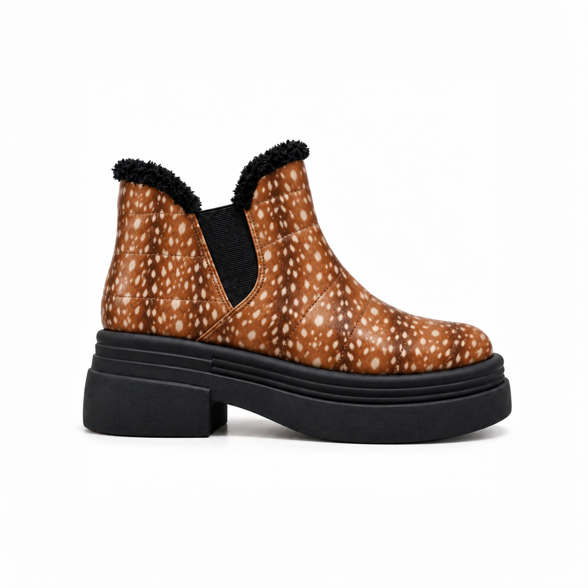 Fawn Print Teddy Puffer Boots – Small Spots print – side view – ECADRA