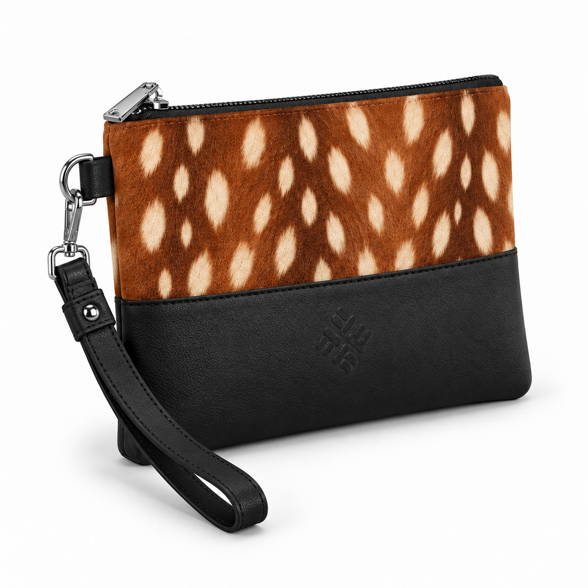 Black Toiletry Pouch Fawn – Large Spots print – three quarter view – ECADRA