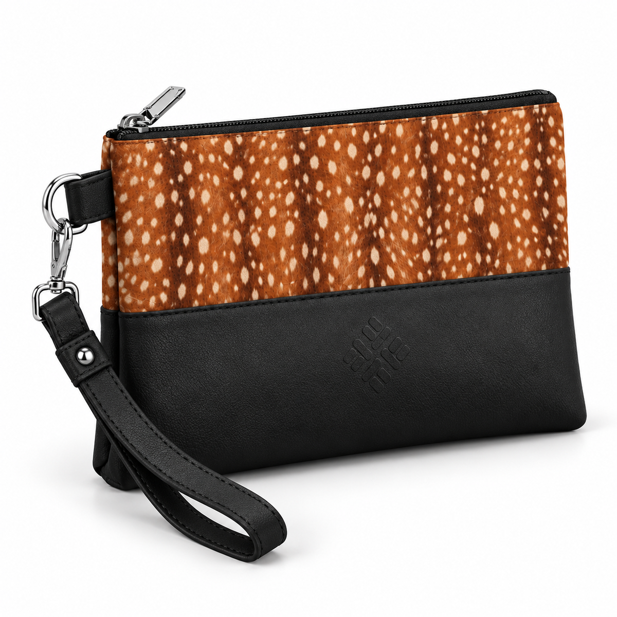 Black Toiletry Pouch Fawn – Small Spots print – three quarter view – ECADRA