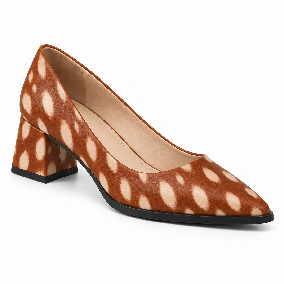 Fawn Print Uptown Classic Pumps – Large Spots print – three quarter view – ECADRA