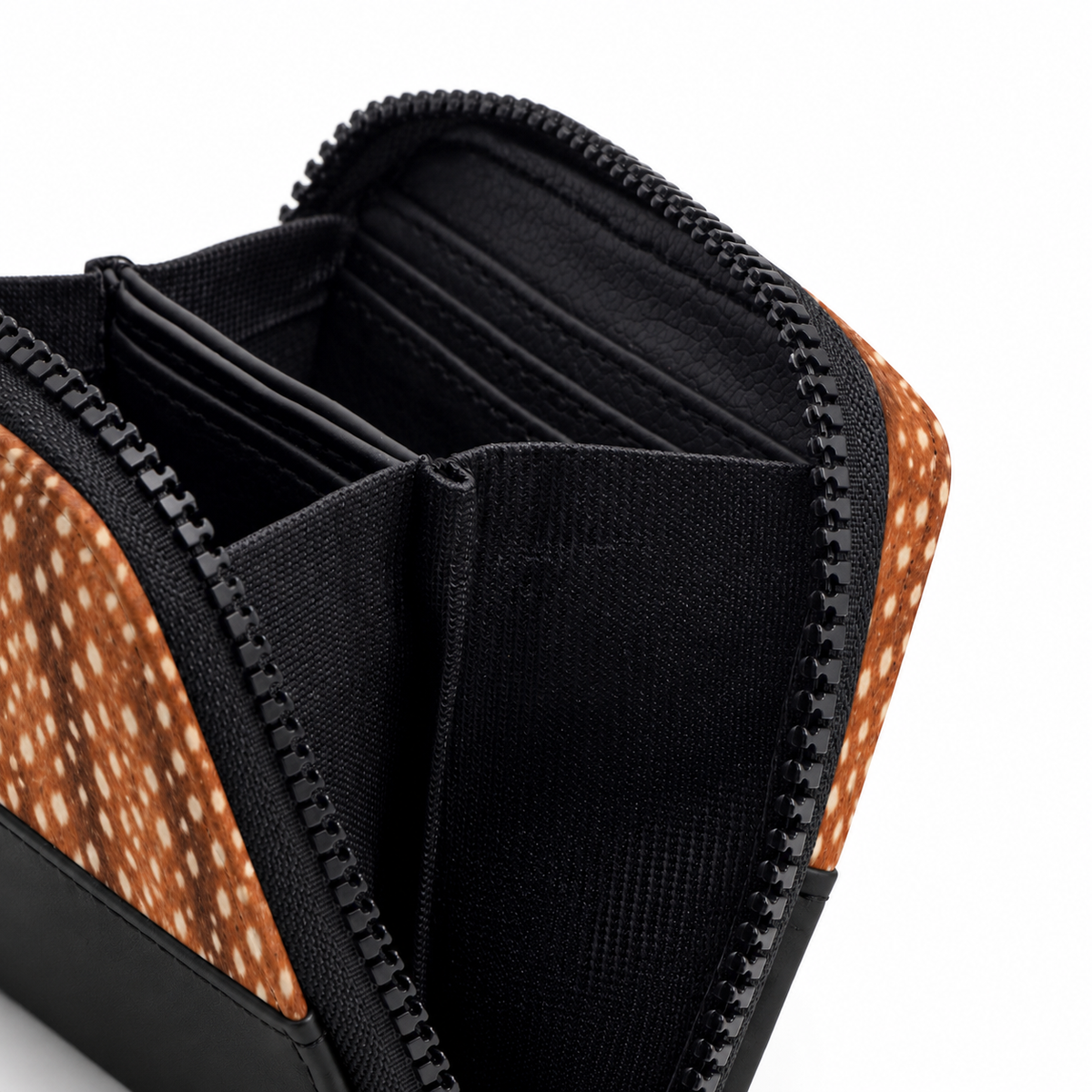 Black ZipPop Wallet Fawn – Small Spots print – open view – ECADRA