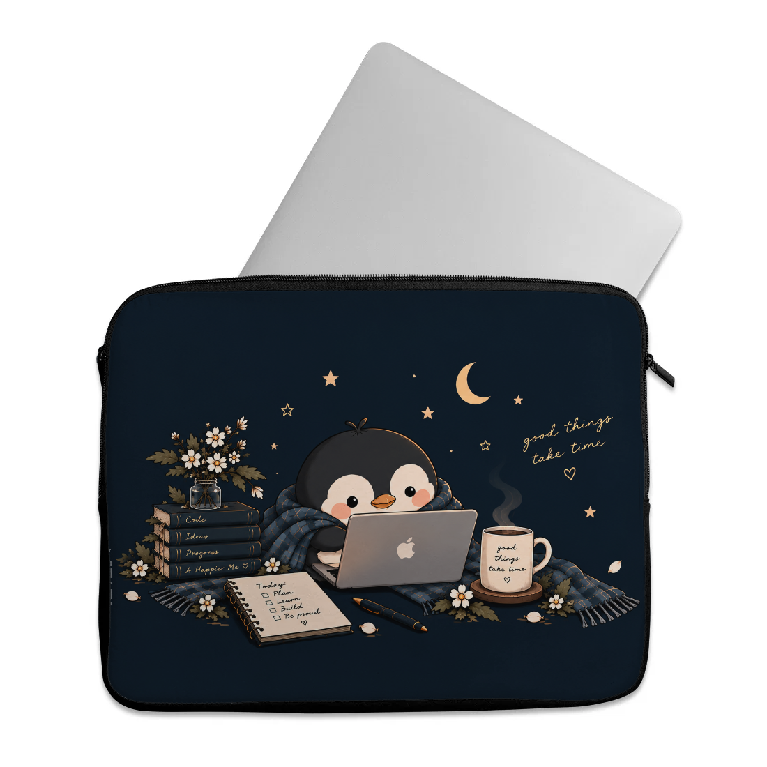 Good Things Take Time design printed on a laptop sleeves — ECADRA