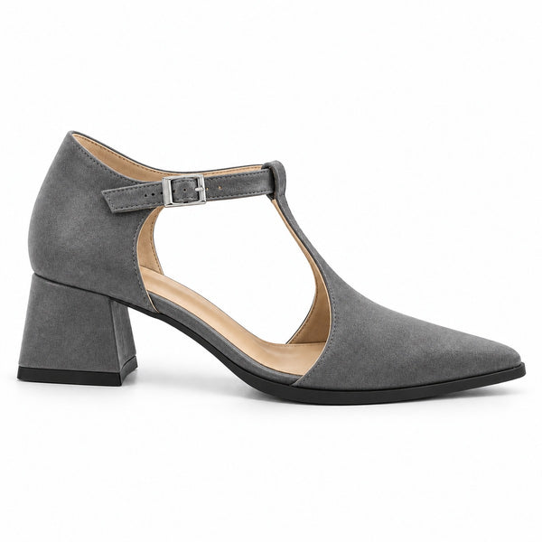 Gray suede T-strap heels with wide strap, silver buckle and 5 cm flared heel, side view — ECADRA