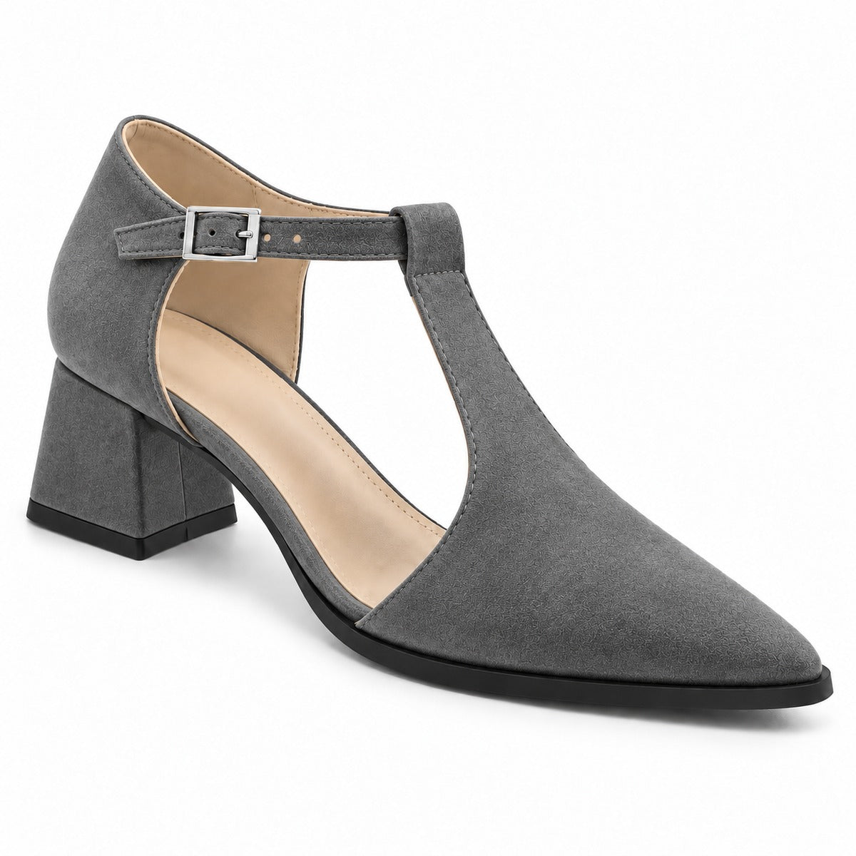 Gray suede T-strap heels with wide strap, silver buckle and 5 cm flared heel, front three-quarter view — ECADRA