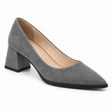 Gray suede pointed pump with low 5 cm flared block heel, front three-quarter view — ECADRA