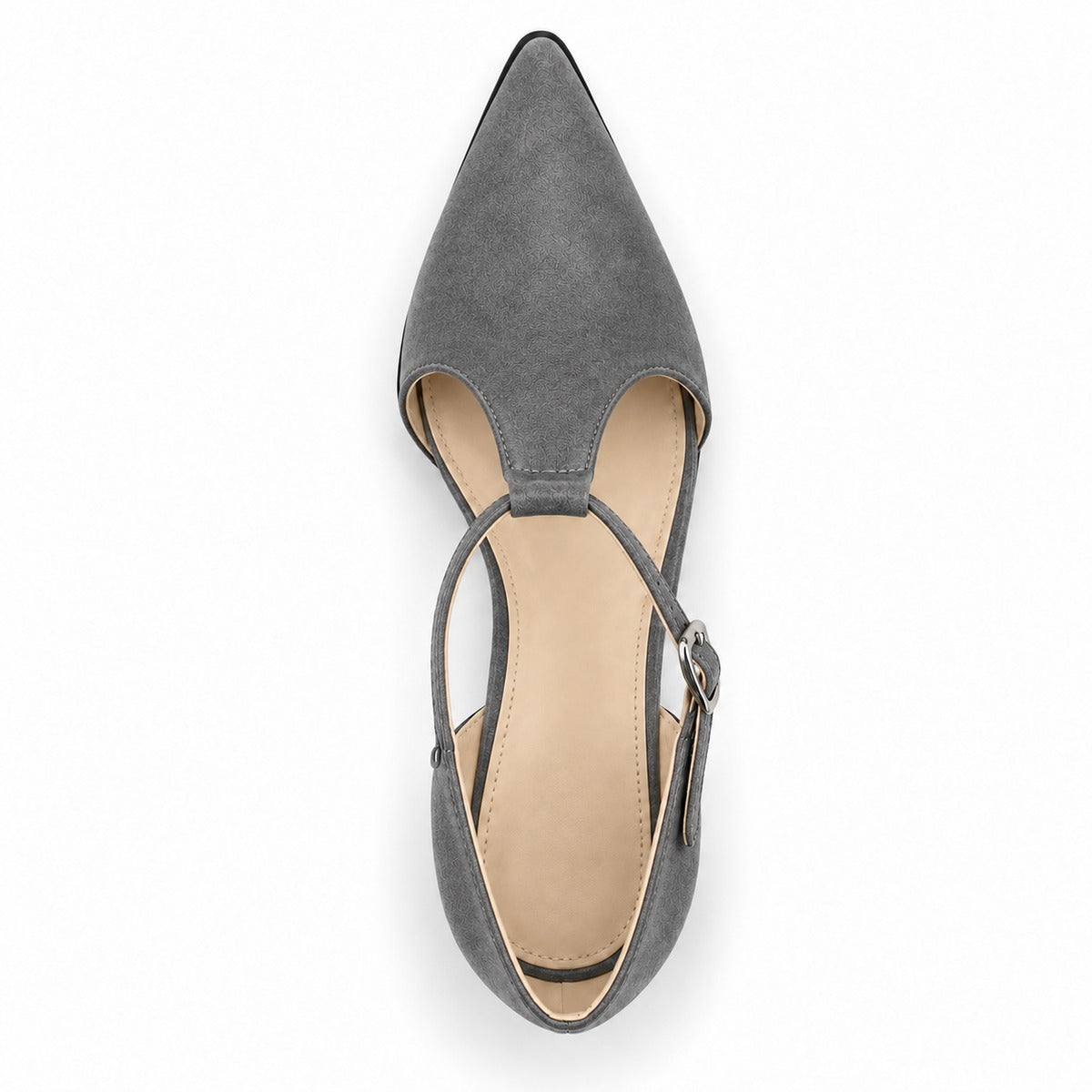 Gray suede T-strap heels with wide strap, silver buckle and 5 cm flared heel, top view — ECADRA