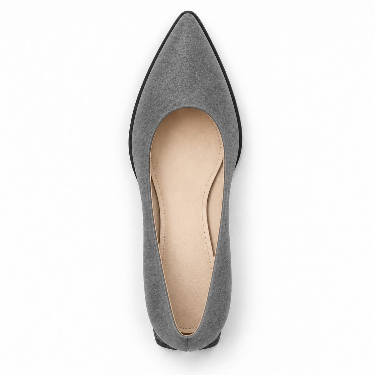 Gray suede pointed pump with low 5 cm flared block heel, top view — ECADRA