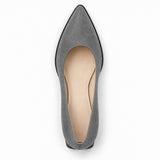 Gray suede pointed pump with low 5 cm flared block heel, top view — ECADRA