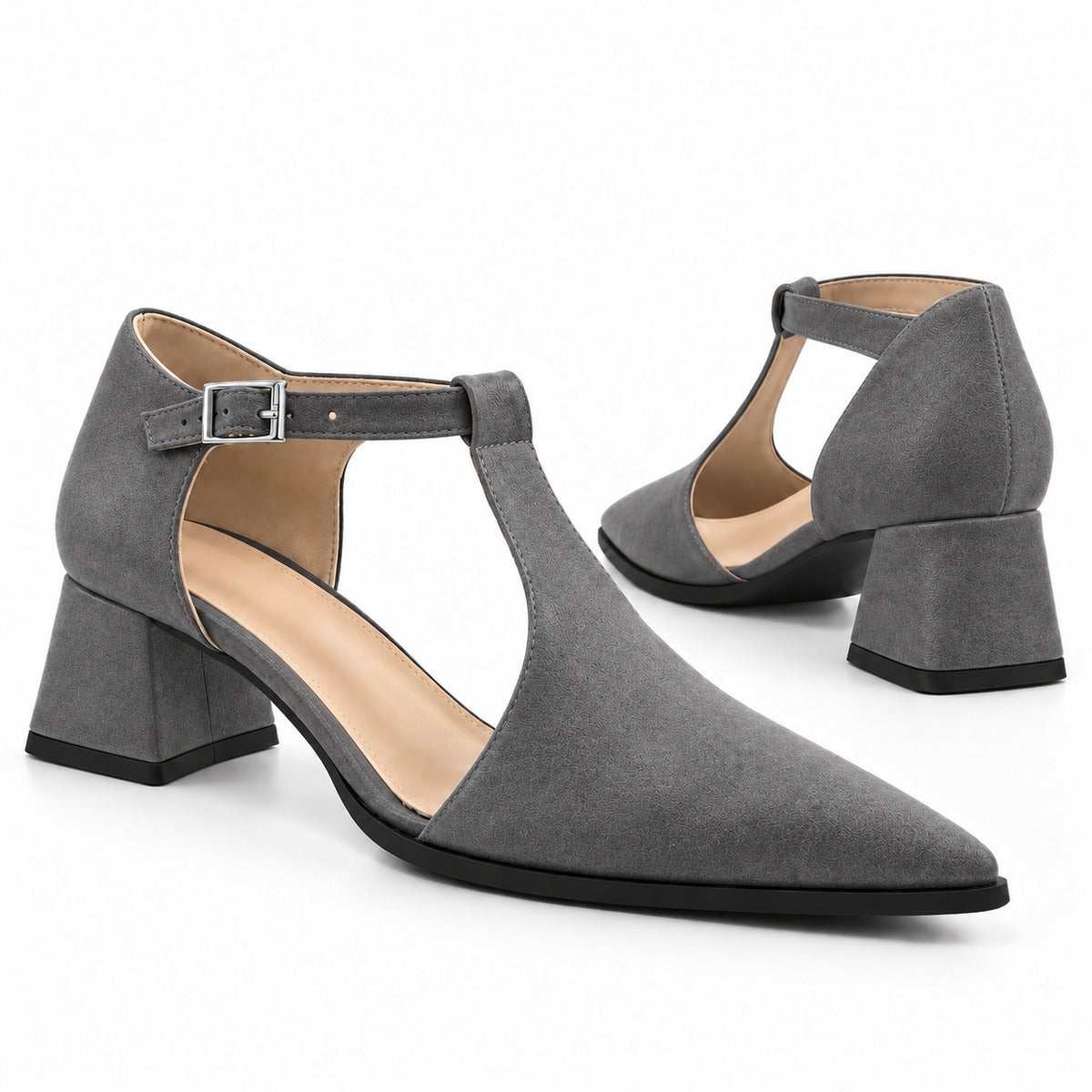 Gray suede T-strap heels with wide strap, silver buckle and 5 cm flared heel, the pair — ECADRA