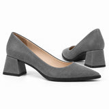 Gray suede pointed pump with low 5 cm flared block heel, the pair — ECADRA