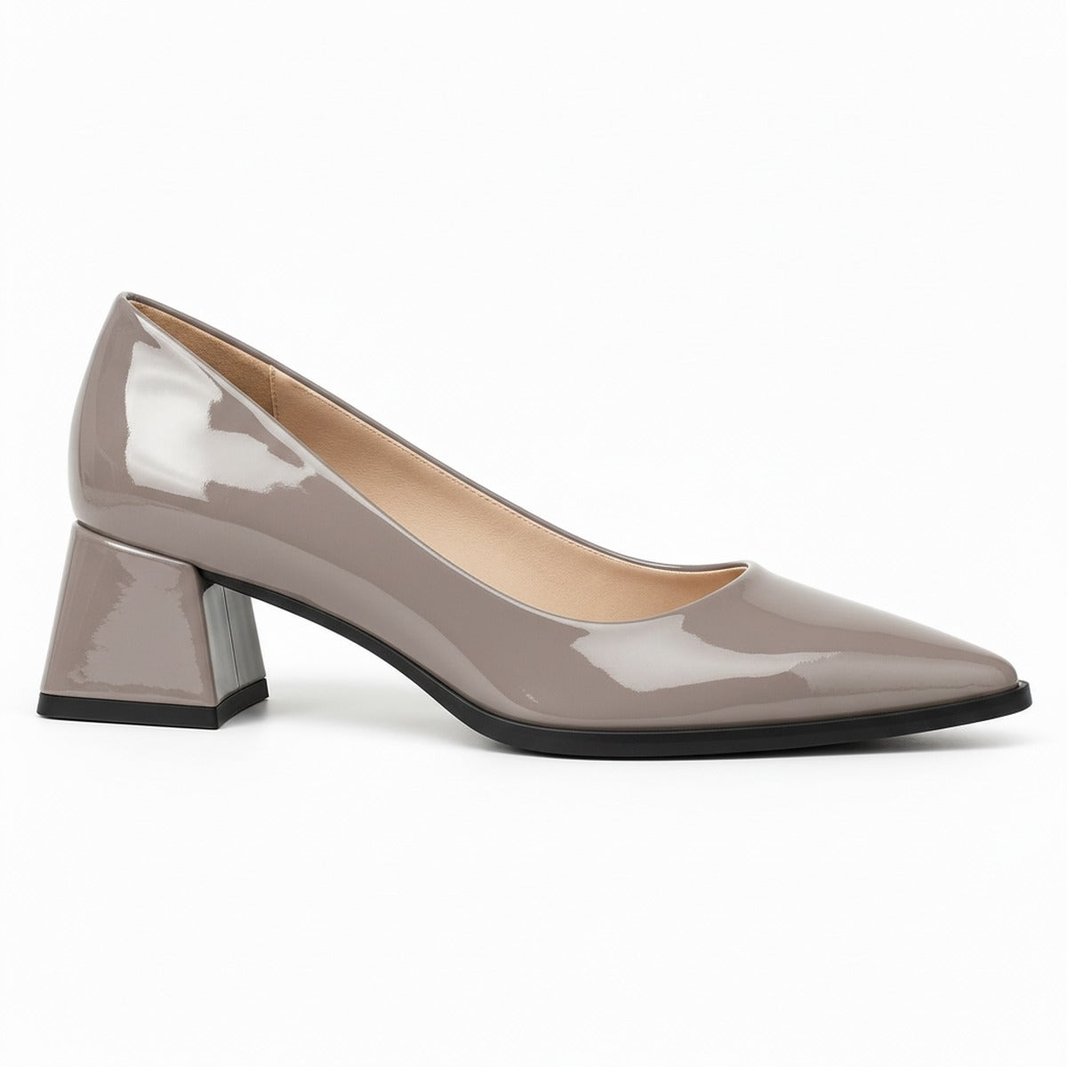 Grey gloss pointed pump with low 5 cm flared block heel, side view — ECADRA