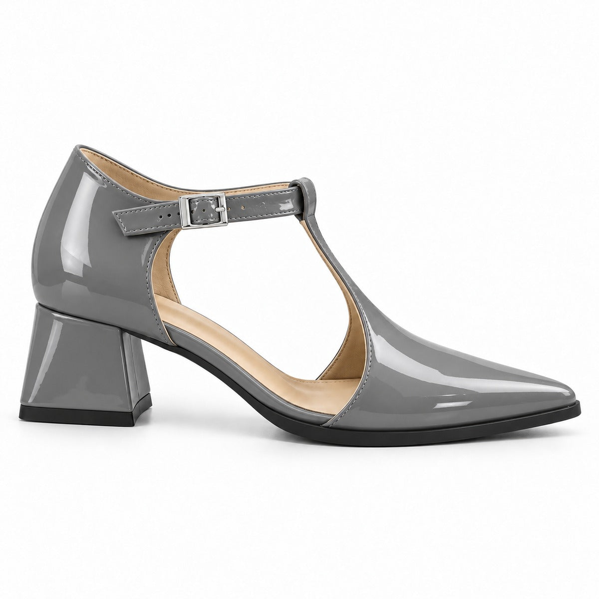 Grey gloss T-strap heels with wide strap, silver buckle and 5 cm flared heel, side view — ECADRA