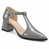 Grey gloss T-strap heels with wide strap, silver buckle and 5 cm flared heel, front three-quarter view — ECADRA