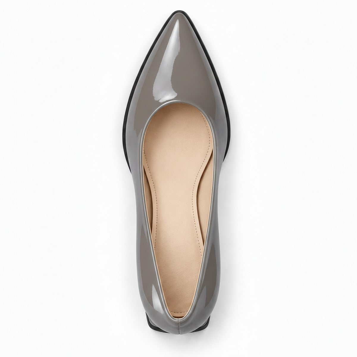 Grey gloss pointed pump with low 5 cm flared block heel, top view — ECADRA