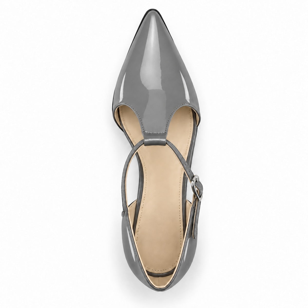 Grey gloss T-strap heels with wide strap, silver buckle and 5 cm flared heel, top view — ECADRA