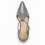 Grey gloss T-strap heels with wide strap, silver buckle and 5 cm flared heel, top view — ECADRA
