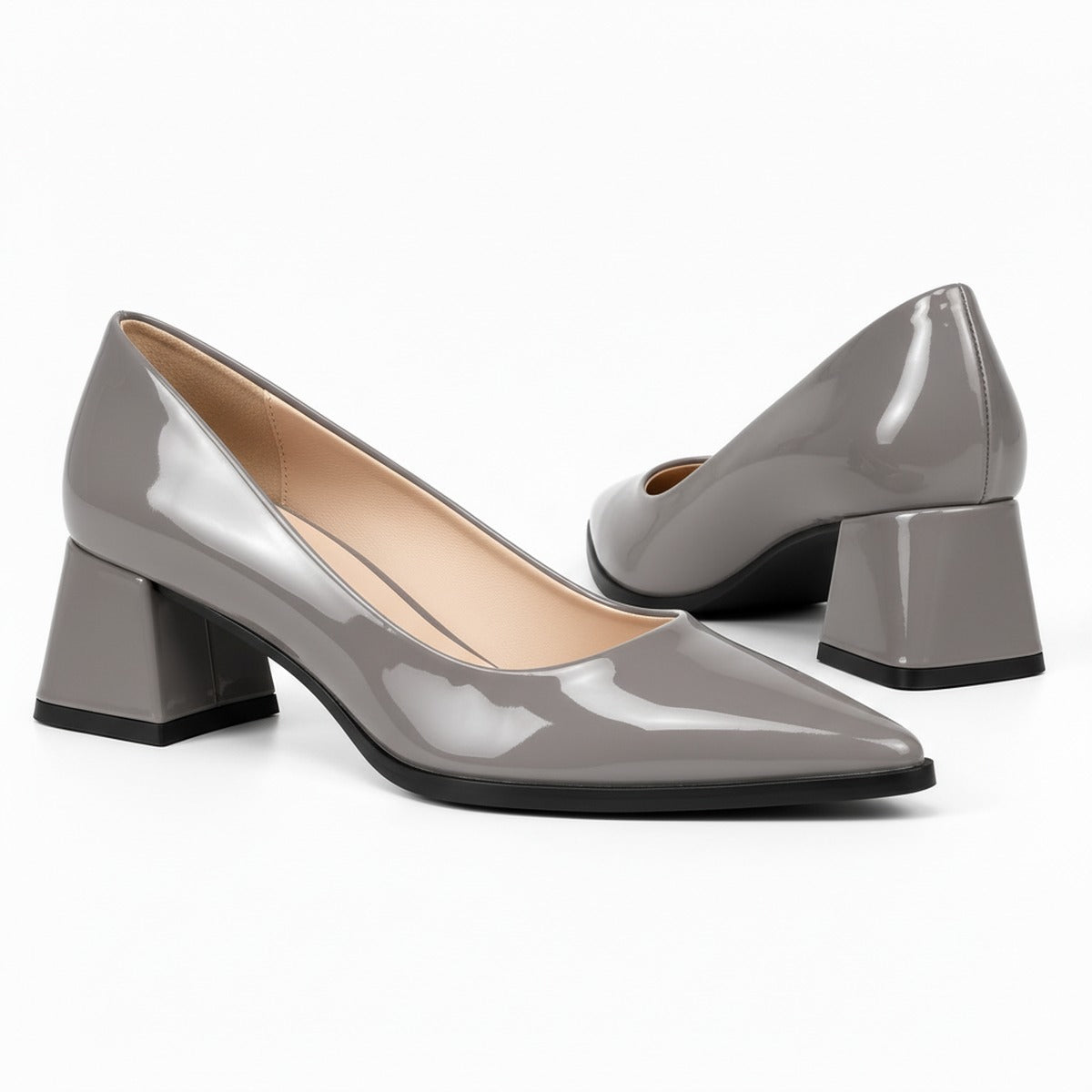Grey gloss pointed pump with low 5 cm flared block heel, the pair — ECADRA