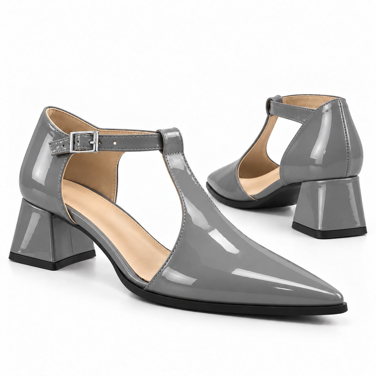 Grey gloss T-strap heels with wide strap, silver buckle and 5 cm flared heel, the pair — ECADRA
