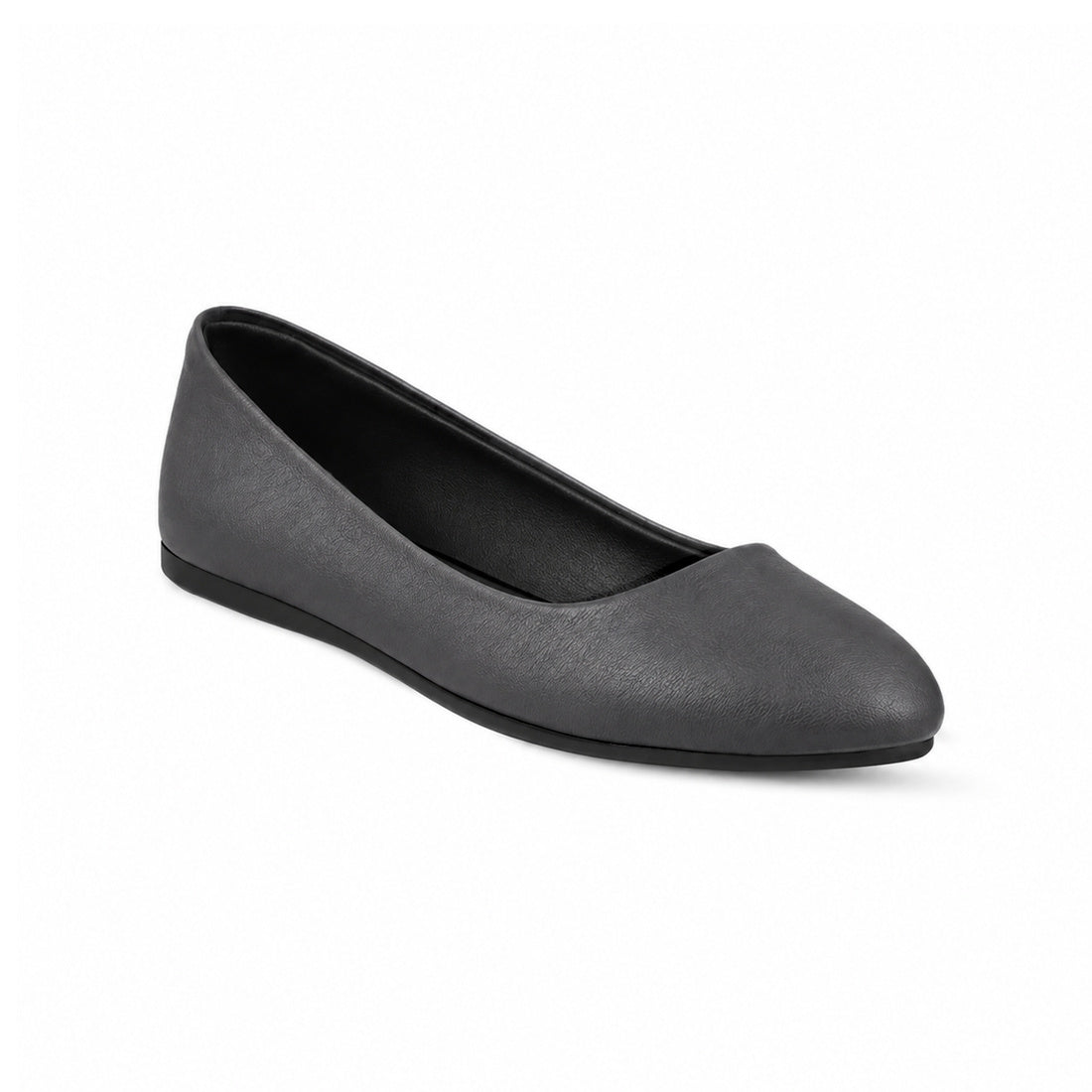 Grey Solid Round Toe – كوتشي فلات حريمي جلد رمادي، مايلة – ECADRA
