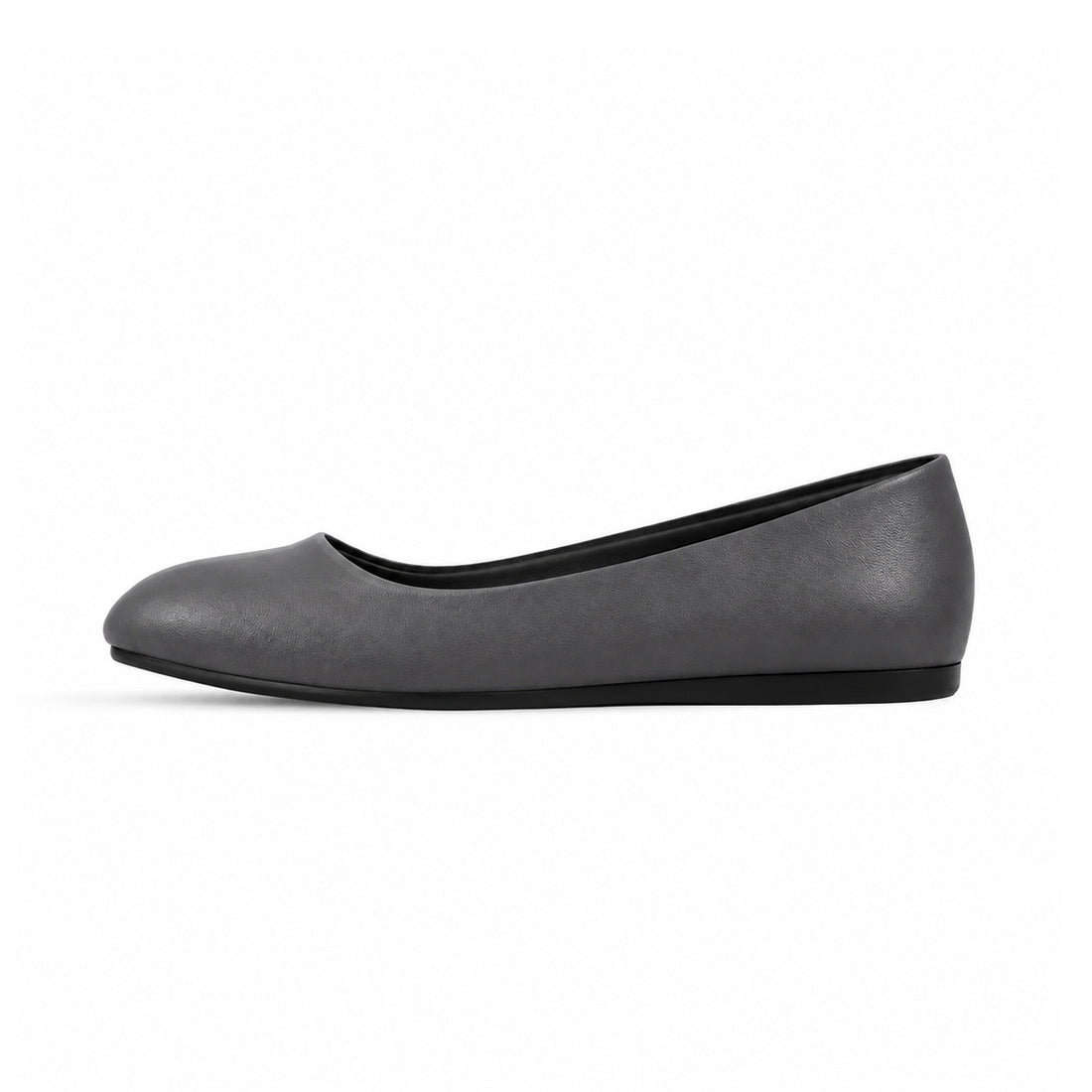 Grey Solid Round Toe – كوتشي فلات حريمي جلد رمادي، من الجنب 2 – ECADRA