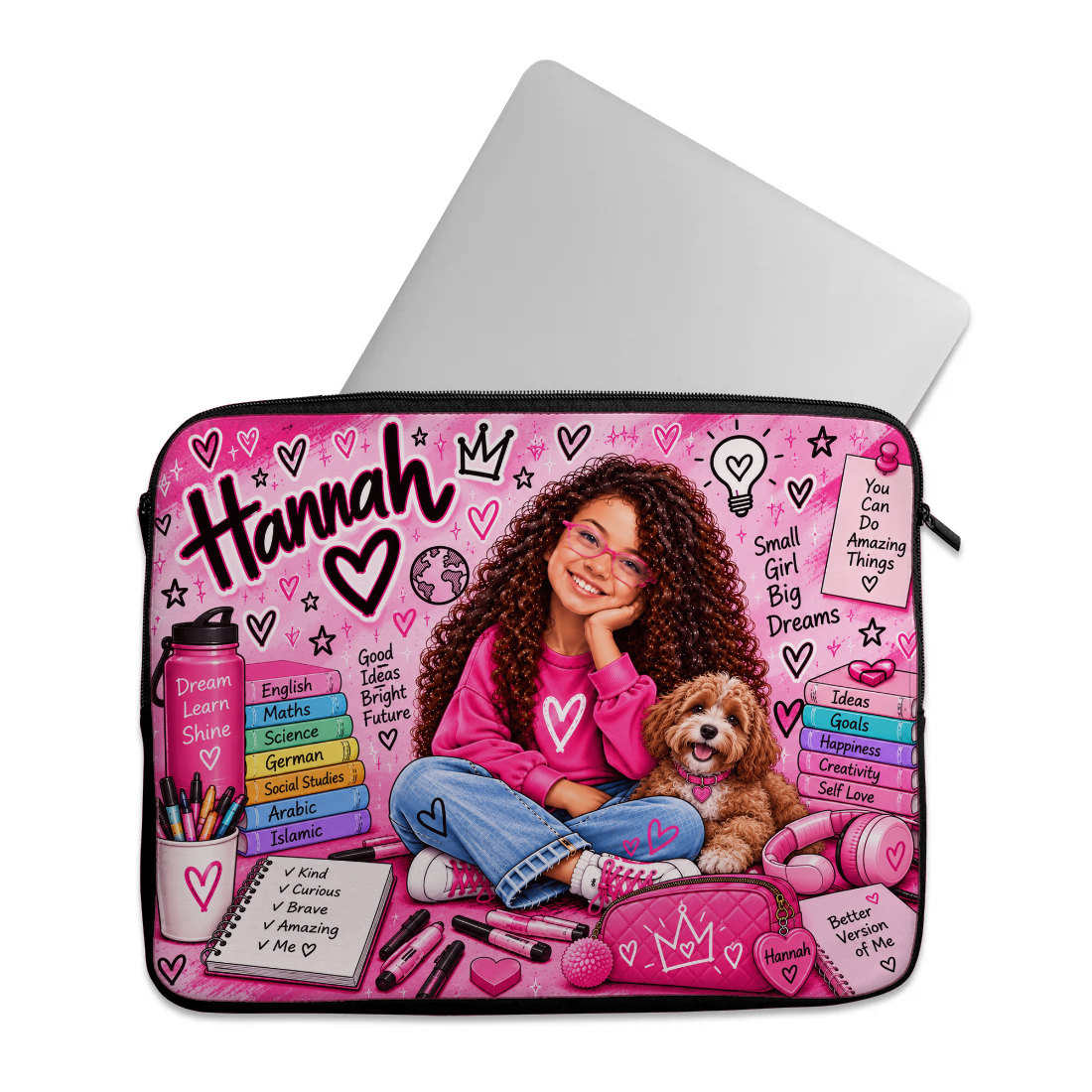 Hannah with dog design printed on a laptop sleeves — ECADRA