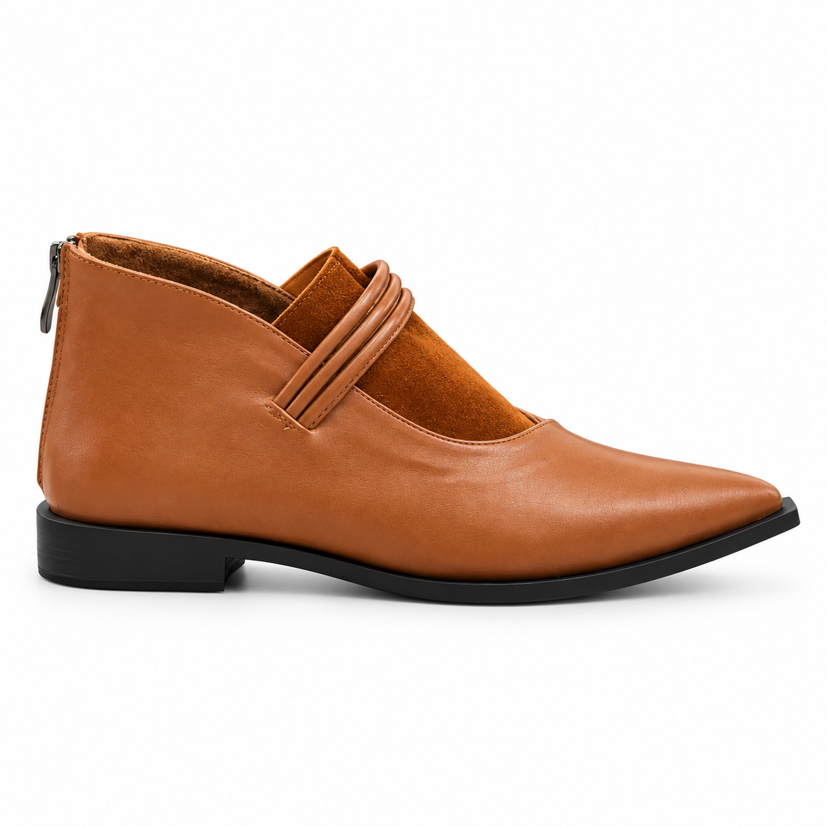 Havana pointed-toe ankle boots with three coiled straps — side view — ECADRA