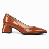 Havana gloss pointed pump with low 5 cm flared block heel, side view — ECADRA