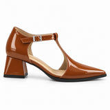 Havana gloss T-strap heels with wide strap, silver buckle and 5 cm flared heel, side view — ECADRA