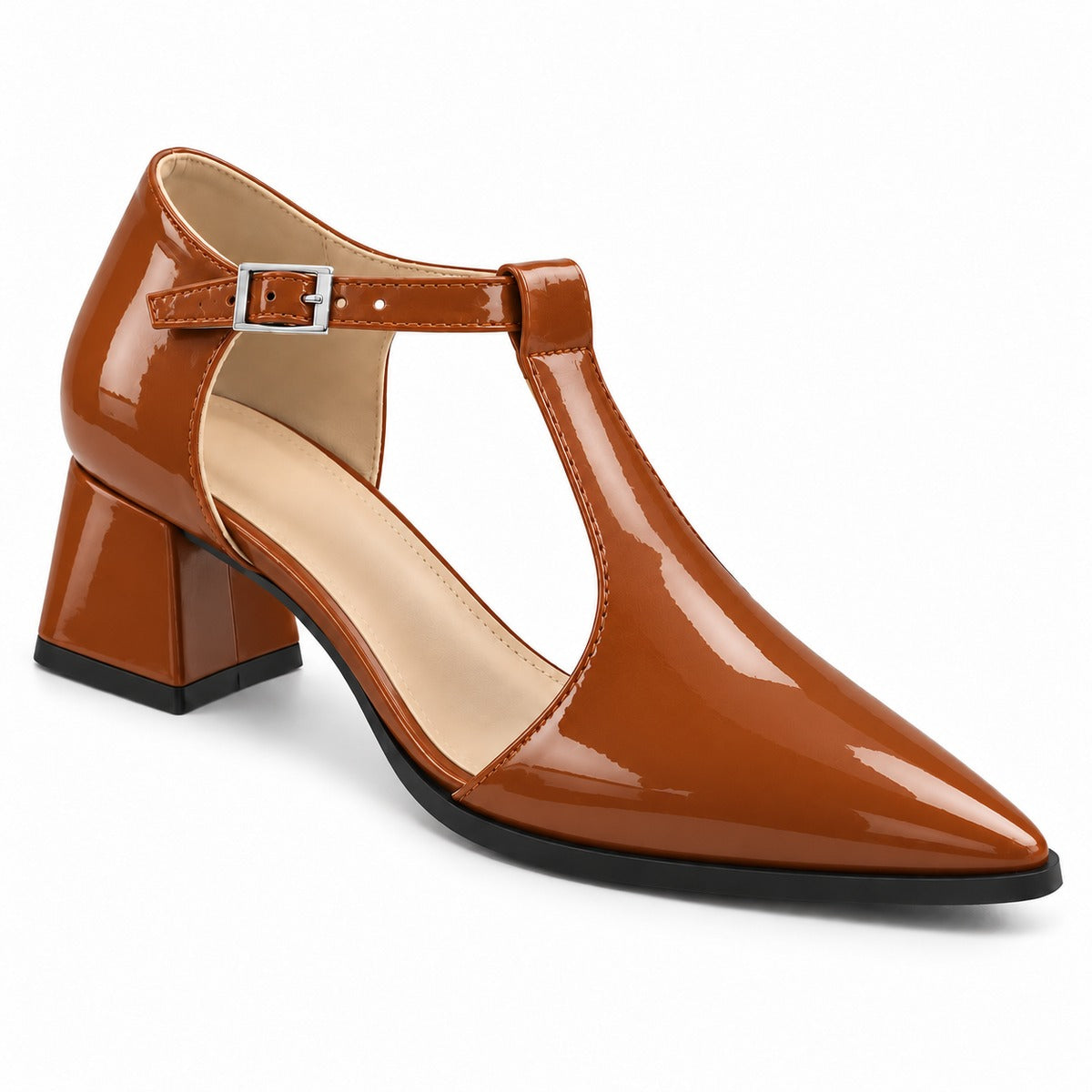 Havana gloss T-strap heels with wide strap, silver buckle and 5 cm flared heel, front three-quarter view — ECADRA