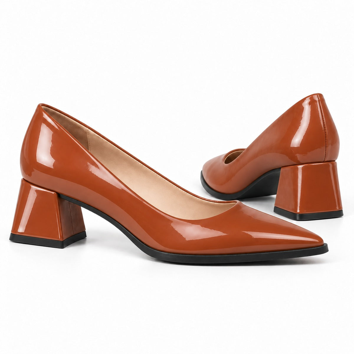 Havana gloss pointed pump with low 5 cm flared block heel, the pair — ECADRA