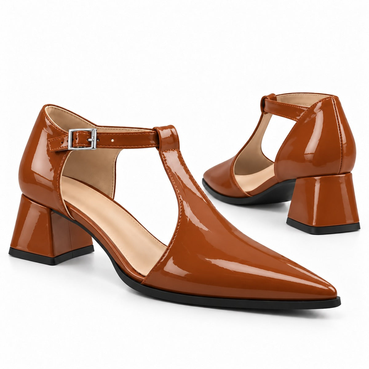 Havana gloss T-strap heels with wide strap, silver buckle and 5 cm flared heel, the pair — ECADRA