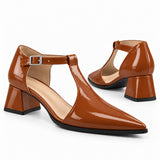 Havana gloss T-strap heels with wide strap, silver buckle and 5 cm flared heel, the pair — ECADRA