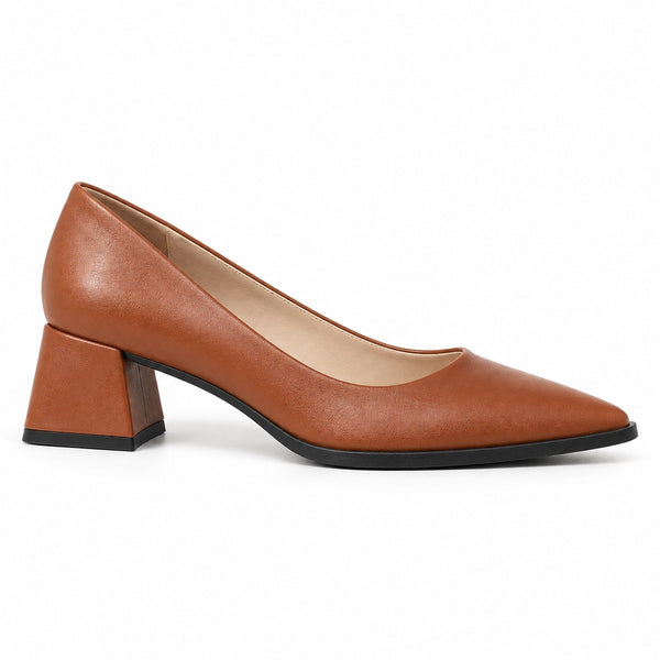 Havana matte pointed pump with low 5 cm flared block heel, side view — ECADRA