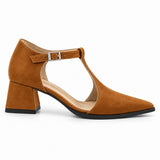 Havana suede T-strap heels with wide strap, silver buckle and 5 cm flared heel, side view — ECADRA