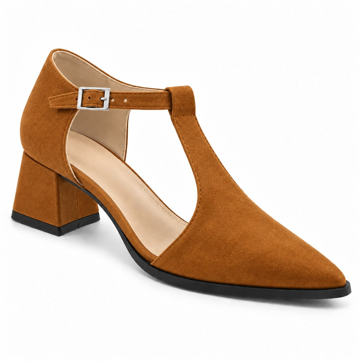 Havana suede T-strap heels with wide strap, silver buckle and 5 cm flared heel, front three-quarter view — ECADRA