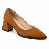Havana suede pointed pump with low 5 cm flared block heel, front three-quarter view — ECADRA